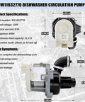 Dishwasher Circulation Pump Motor Assembly Replacement Parts Fits W10529163 W10885542 W10864037 W10816492 With Plug And Play Install And Reliable Performance For Most Models, W11032770, 7.25 in