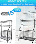 Comparison of All In One Garage Gear Organizer With Rolling Cart Ball Rack Hooks Bins And Wire Basket Keeps Basketballs Baseball Gear And Toys Neatly Stored In Black with measurements