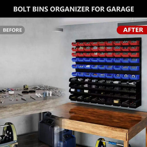Wall-mounted 90 piece plastic storage bins organizer in red, blue, and black for screws, nuts, bolts in a garage.