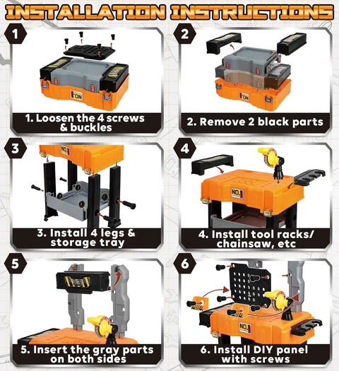 Step-by-step assembly instructions for Kids Tool Bench With Electric Drill And Construction Vehicles 2 In 1 Workbench And Toolbox