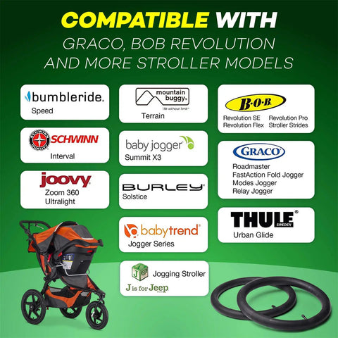 Image showing Two Pack 16 Inch Stroller Inner Tubes For 1.75 To 2.125 Wide Tires Ready To Roll Butyl Rubber BPA And Latex Free next to stroller brands.