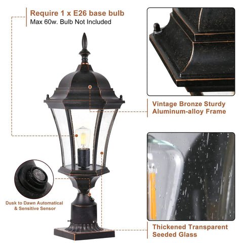 Outdoor Dusk To Dawn Post Light Lantern, 20 Inch High Bronze Lamp Post With Pier Mount, waterproof exterior, close-up detail