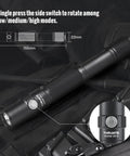 AA USB C Rechargeable Flashlight, 1018 Lumens Cool White Beam, dual switch close-up, diagram showing 167 Meter Throw, IPX8 Waterproof