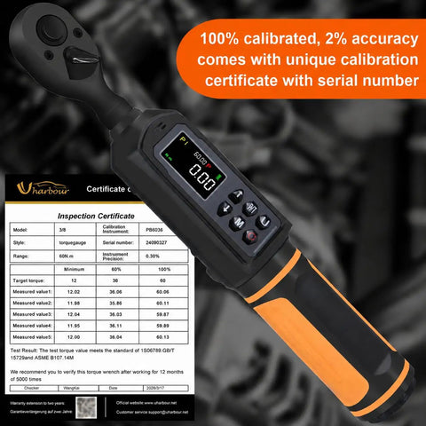 Digital Torque Wrench With 3 Eighths Inch Drive And Dual Direction Ratchet, calibration certificate, and LED display