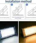 Installation method for JUDYSSY Security Lights Outdoor Reflector Led Floodlight Outdoor Flood Light, showing adjustable angles.