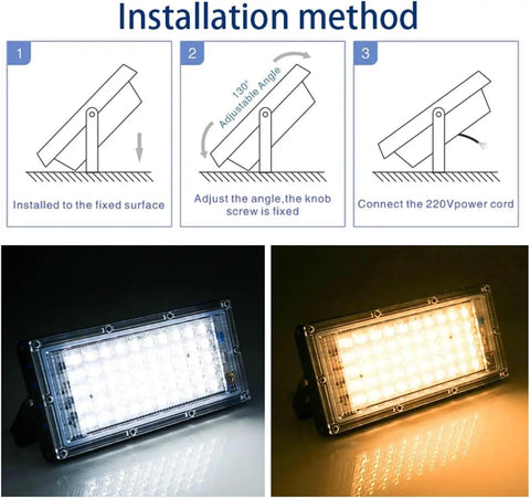 Installation method for JUDYSSY Security Lights Outdoor Reflector Led Floodlight Outdoor Flood Light, showing adjustable angles.