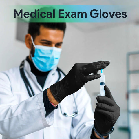 Front view of black large nitrile gloves worn by a medical professional, preparing a syringe