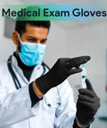 Person wearing Heavy Duty Black Nitrile Gloves Extra Large Case Of One Thousand Medical Grade Powder Free Latex Free Disposable Exam Gloves while handling a syringe.