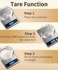 Pro Grade Digital Kitchen Scale With 33 Pound Capacity, showing tare function steps with glass bowl on stainless steel surface
