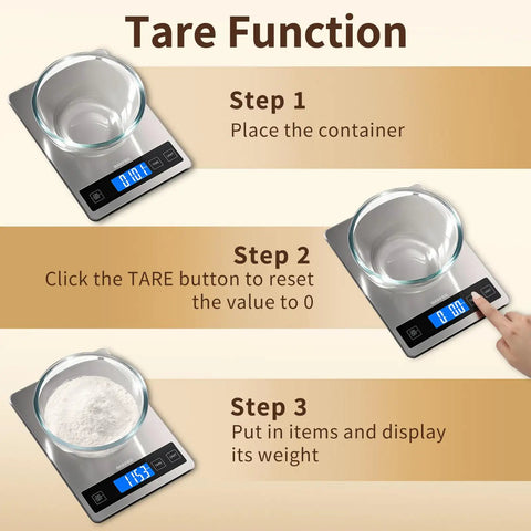 Pro Grade Digital Kitchen Scale With 33 Pound Capacity, showing tare function steps with glass bowl on stainless steel surface