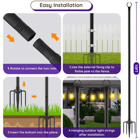 4 Pack 10Ft Outdoor String Light Poles With Forked Stands Heavy Duty Metal Poles for easy installation process