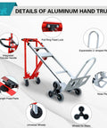 3 In 1 Convertible Aluminum Hand Truck Dolly With 1000 Lbs Capacity, Stair Climbing Upright Mode, red hand truck with folding frame details