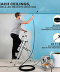 Person using Heavy Duty 700W Electric Airless Paint Sprayer Delivers Slick 2900 PSI Coating Power with extension pole on ladder.