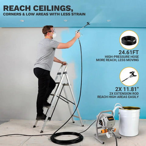 Person using Heavy Duty 700W Electric Airless Paint Sprayer Delivers Slick 2900 PSI Coating Power with extension pole on ladder.