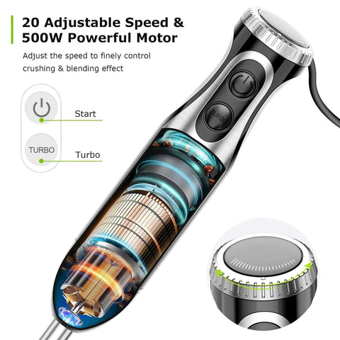 Straight Up Game Changer 4 In 1 Immersion Blender With Food Processor Chopper And Egg Whisk 20 Variable Speeds Plus Turbo Mode close-up of the control panel showing speed settings.