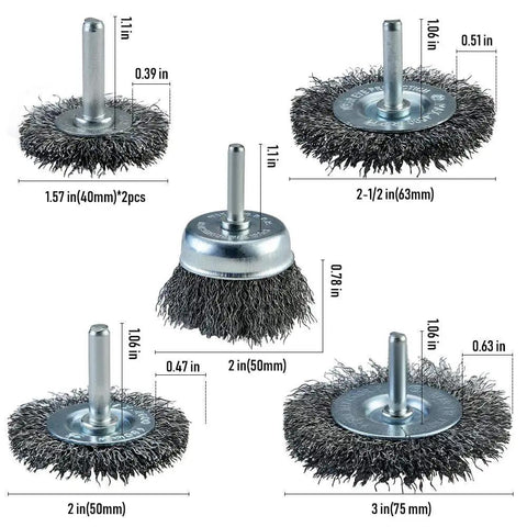 Six Piece Wire Brush Wheel And Cup Brush Set For Drill With One Quarter Inch Arbor And 0.012 Inch Crimped Carbon Steel Wires