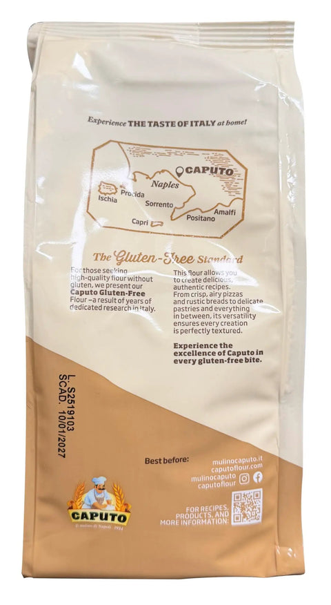 Back view of Gluten Free Pizza Flour 2.2 Lb Pro Grade All Natural Flour And Starch Blend packaging with Italian map illustration.