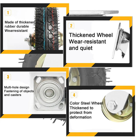 Heavy Duty Beefy Rubber Caster Wheels With Air Filled Tires That Rolls Smooth On Any Surface Includes Two Swiveling Casters And Two Fixed Brackets close-up showing thickened rubber and steel mounting plates.