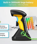 Upgraded Industrial Bluetooth Barcode Scanner with Charging Dock featuring a 2600mAh battery, IP67 rugged design, on a desk