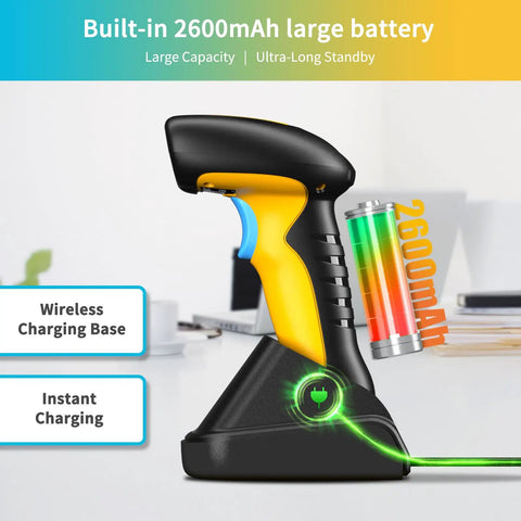 Upgraded Industrial Bluetooth Barcode Scanner with Charging Dock featuring a 2600mAh battery, IP67 rugged design, on a desk