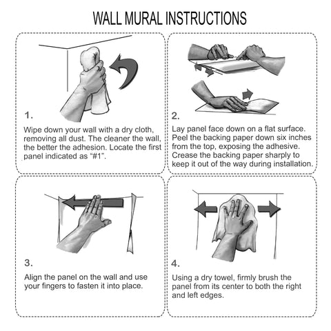 Illustrated instructions for Forest Landscape Wall Mural Peel And Stick Wallpaper For Bedroom And Living Room, 6 Piece Set application