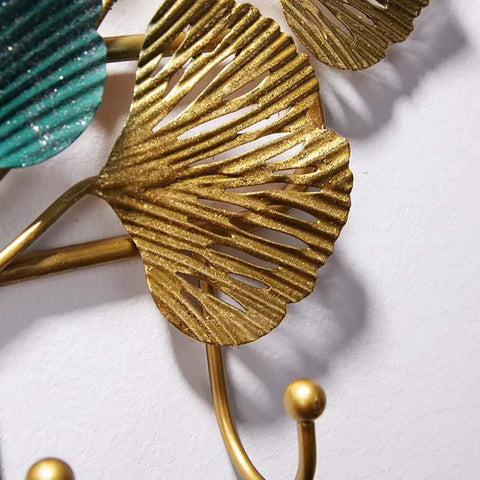 Dang Strong Wall Mounted Coat Rack For Entryway With Multi Purpose Iron Hooks Bag And Hat Hanger Key Storage Tray showing decorative gold leaf hooks close-up.