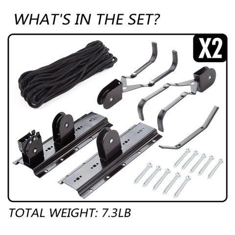 Components of Dual Pack Ceiling Bike Hoists For Garage Storage, Heavy Duty Bicycle Lift With Safe Lock shown with rope and screws