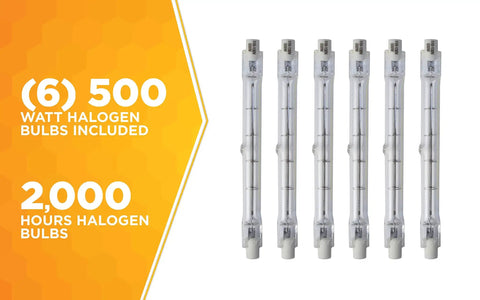 6-Pack 500-Watt T-3 Halogen Work Light Bulbs With Hard Case For Contractors And Electricians displayed against orange background