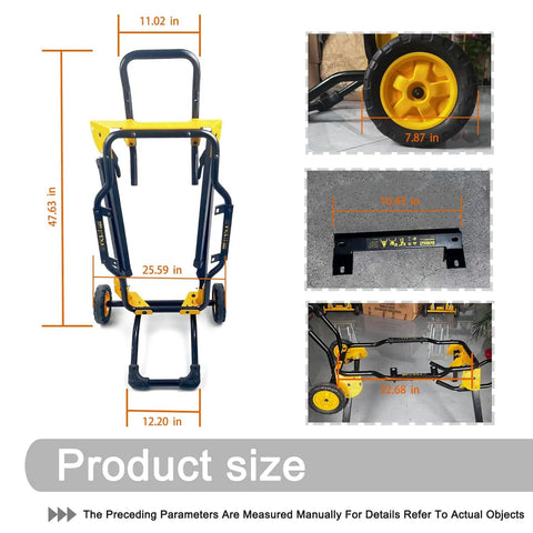 Rolling Table Saw Stand For DEWALT Miter Saws, side view showing dimensions and yellow wheels, compatible with listed models