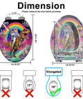 Elongated Quiet Close Toilet Seat for Bathroom with fun cat and dinosaur design, dimensions shown for fitting.