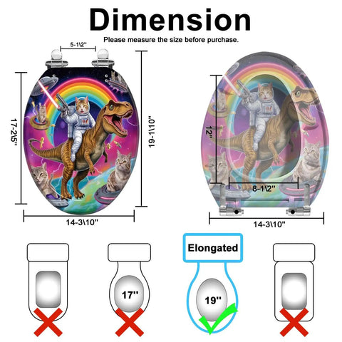 Elongated Quiet Close Toilet Seat for Bathroom with fun cat and dinosaur design, dimensions shown for fitting.