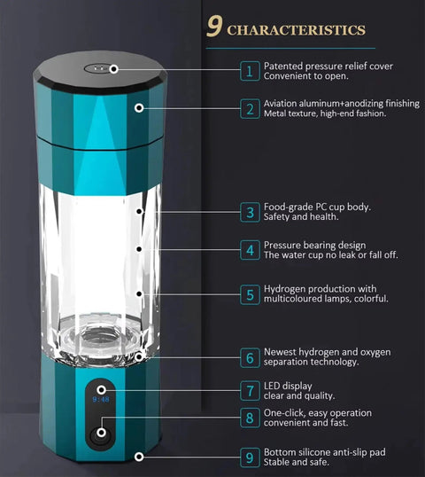 Portable Hydrogen Water Bottle USB Rechargeable H2 Generator Delivers 6000PPB Hydrogen For Alkaline Hydration, LED display