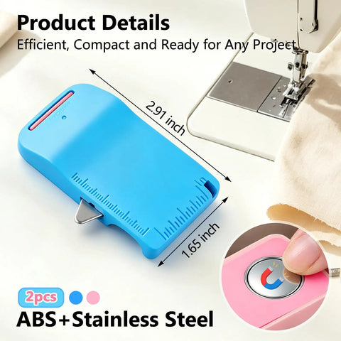 Pro Grade Magnetic Seam Guide For Sewing Machines With Built In Seam Ripper And Edge Guide 2 Pack showing blue guide next to sewing machine.