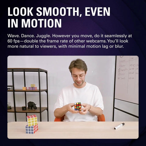 Man solving a Rubik's cube at a desk while showcasing the Smooth 4K Webcam With 60fps Streaming Speed And Sony Starvis Sensor.