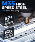 Top Shelf M35 Cobalt Countersink Drill Bit Set With Six Knockout Chamfer Tools Featuring A Solid Quarter Inch Hex Shank Built Tough For Quick Wood And Metal Drilling Jobs That Need Clean Angles And Zero Hassle Every Single Workday, showing M35 high speed steel drill bit in action through metal.