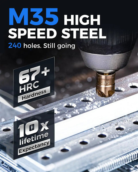 Top Shelf M35 Cobalt Countersink Drill Bit Set With Six Knockout Chamfer Tools Featuring A Solid Quarter Inch Hex Shank Built Tough For Quick Wood And Metal Drilling Jobs That Need Clean Angles And Zero Hassle Every Single Workday, showing M35 high speed steel drill bit in action through metal.