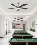 52" 5PCS Solid Wood Blades Ceiling Fan with Lights Remote Control, Nickel in modern game room with pool tables.