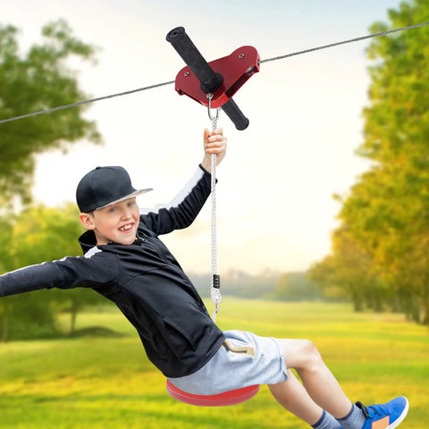 Easy Backyard Zip Line Kit For Kids And Grownups, 160 Ft Of Thrill, Supports Up To 330 Lbs, Trolley With Seat in use by child