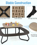 Outdoor Kids Picnic Table Set For 8 With Four Built In Benches, showing HDPE top, metal frame, and removable umbrella details.
