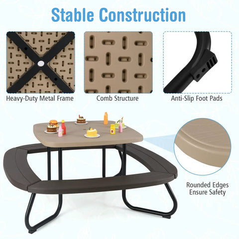 Outdoor Kids Picnic Table Set For 8 With Four Built In Benches, showing HDPE top, metal frame, and removable umbrella details.