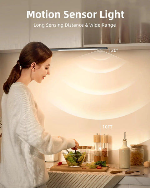 Under Cabinet Lighting 2 Pack Motion Sensor LED Lights With 76 LEDs Detachable 2200mAh Batteries illuminating kitchen