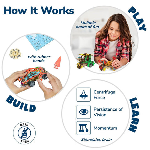 Spin N Go Twenty In One Mechanical Builder Kit For Kids Ages Six To Twelve With A Step By Step Guide Hands On STEM Fun Creative Toy Builds And Daily New Toy Projects For Boys And Girls, wooden build kit shown with child and model cars