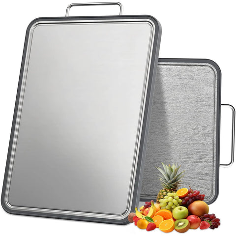 ANYZONE stainless steel cutting board, 17x11 in, front view, double-sided with deep juice grooves