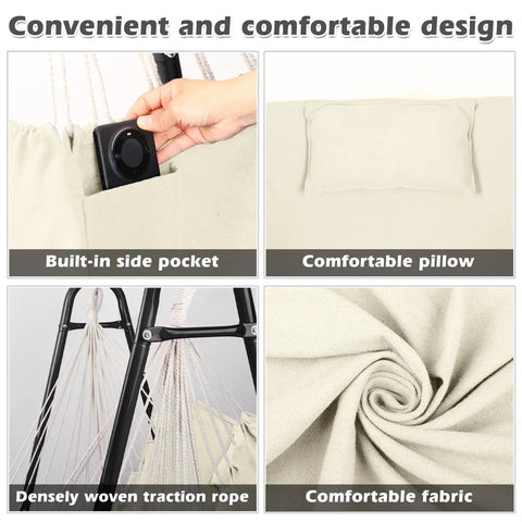 Close-up of U Shaped Stand Hammock Chair With Cotton Swing Seat and Side Pocket, highlighting fabric, pillow, and rope details.