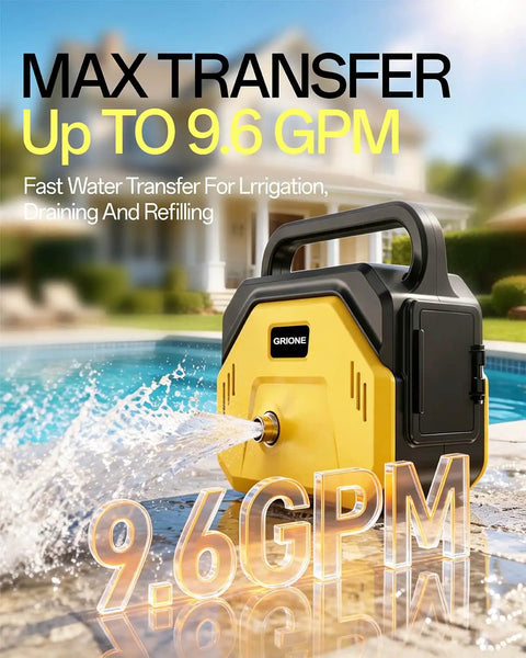 Heavy Duty Cordless Water Transfer Pump delivers high flow rate and smooth operation on standard twenty volt batteries, with 9.6 GPM.