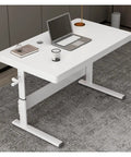Straight Up Solid Manual Height Adjustable Standing Desk With Smooth Glide Lift Handle And Spacious Storage Drawer Modern Minimalist PC Computer Workspace Built For Home Office Gaming Or Study Prime 1 Meter Wide Setup with laptop and accessories on white surface.