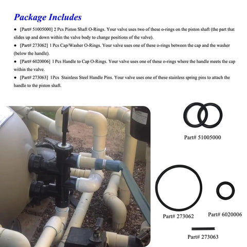 All In One O Ring Kit For Two Full Valve Rebuilds Fits Push Pull Slide Valves For Pool Equipment Compatible With Pentair PacFab Sta Rite Includes Cap Washer O Rings Piston Shaft O Rings Handle To Cap O Rings And Stainless Steel Handle Pins installed on pool piping system