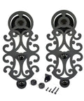 Intricate black steel components of Double Sliding Barn Door Hardware Track Kit In Black Steel For Closet And Interior Doors, Bypass Rolling Set.