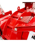 Close-up of red heavy-duty frame of 8 Inch PTO Wood Chipper With Hydraulic Infeed for farms and landscaping.