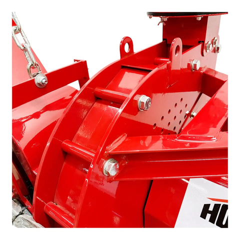Close-up of red heavy-duty frame of 8 Inch PTO Wood Chipper With Hydraulic Infeed for farms and landscaping.